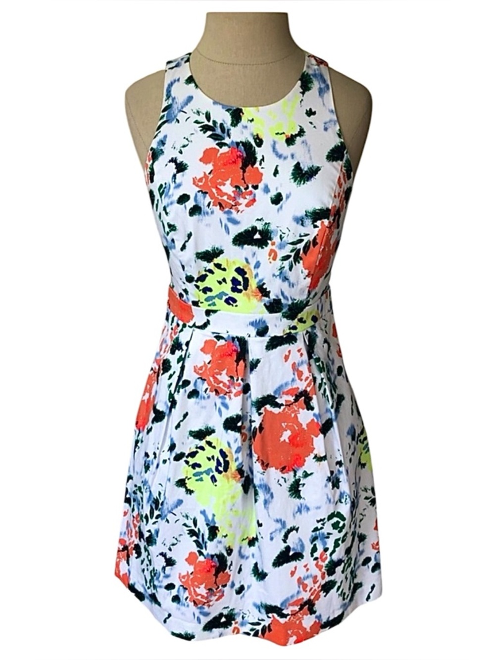 Floral A-Line Fit Flare Tank Dress- White and Neon Size 4 - Picture 2 of 7